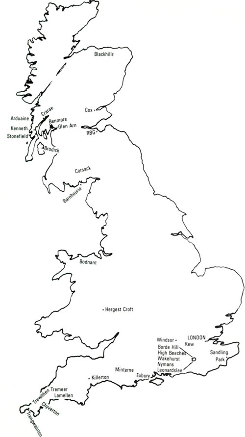 UK map showing major rhododendron gardens