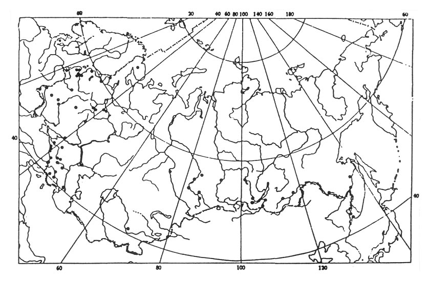 Figure 4. Areas of introduction of
Rhododendron caucasicum in the former Soviet Union