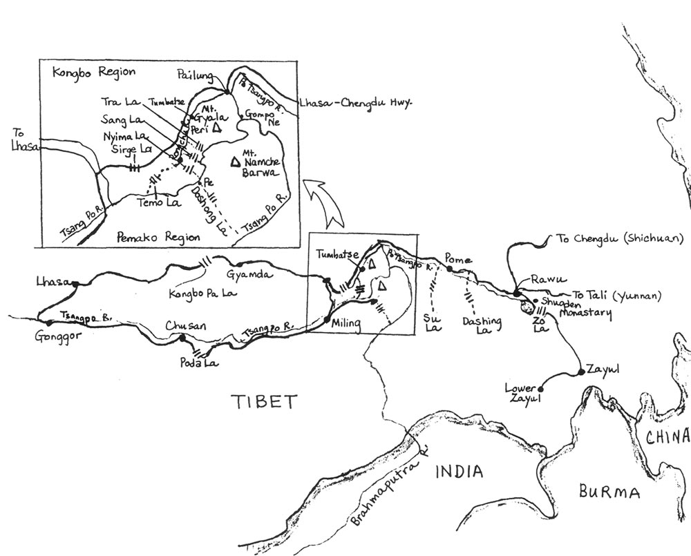 Map of Tibet showing the route
of the 1997 plant exploration party.