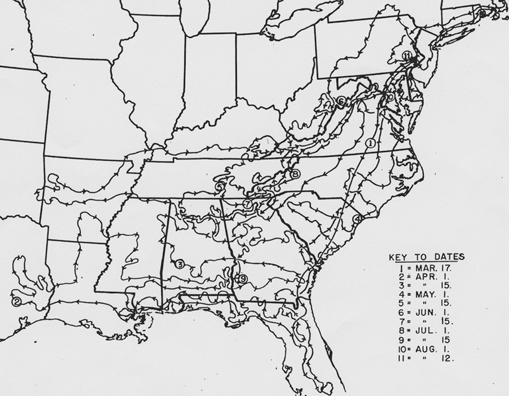 Map of southeastern and
eastern United States shows Dr. Skinner's travels.