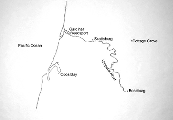 Map showing the towns
along the Umpqua River in western Oregon.