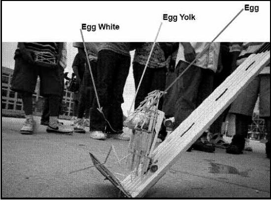 A photo of an unsuccessful result of the safety structure crash test, a broken egg. (IUPUI Media Gallery)