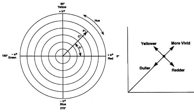 One image is circular graphs with 0 degree marked red, 90 degree marked yellow, 180 degree marked green, 270 degree marked blue. There is an arrow between 0 and 90 degree withe the width between 0 to 90 degree is marked Hue. Another image is graph with positive x axis and y axis with linear line with arrow at the end pointing at four different direction: upper-left, upper-right, lower-left, lower-right each reading yellower, more vivid, duller and redder.