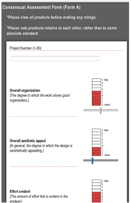 Figure 3. Consensual assessment instrument for iPad. This figure illustrates the
interface used by project raters for making online consensual assessment ratings on 12 dimensions of students’ projects.