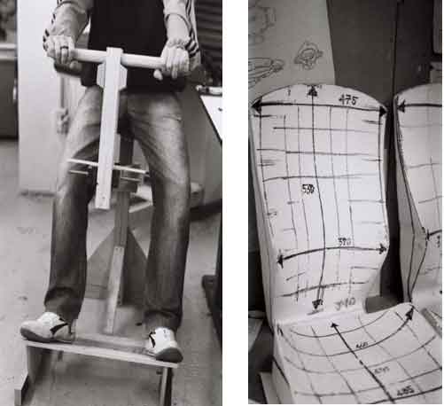 On left picture an Ergo Rig with a boy sitting on it and on right Polystyrene ergonomics mock-ups with
interchangeable seat- pans and backs.